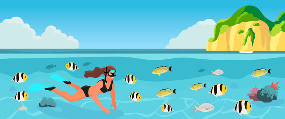 A beautiful woman diving into the sea and watching sea fish. Creative banner, flyer, landing page, blog post for travel agency or tour operator.