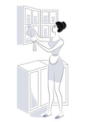 Profile of a sweet lady. The girl removes dust in the kitchen, washes the closet. A woman is a good wife and a neat housewife. Vector illustration