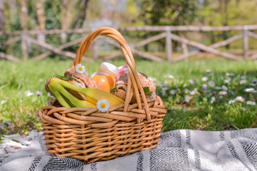 Basket with picnic food in the park. Green grass with flowers and lunch outdoors.