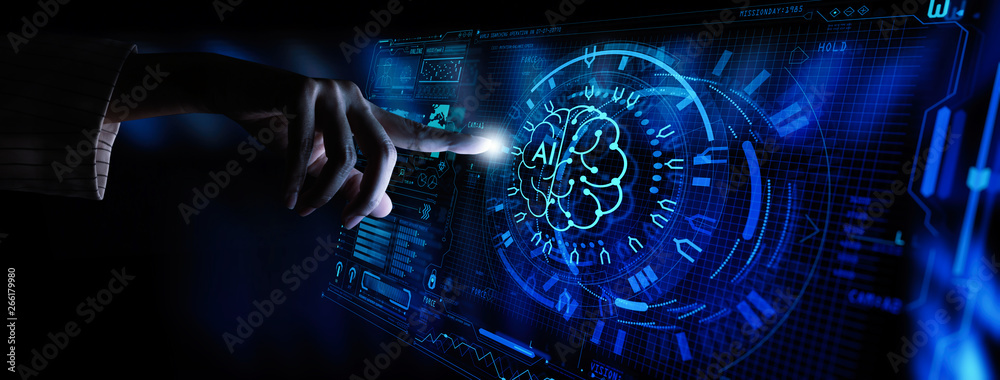 Aufkleber business hand using digital artificial intelligence interface new modern computer.