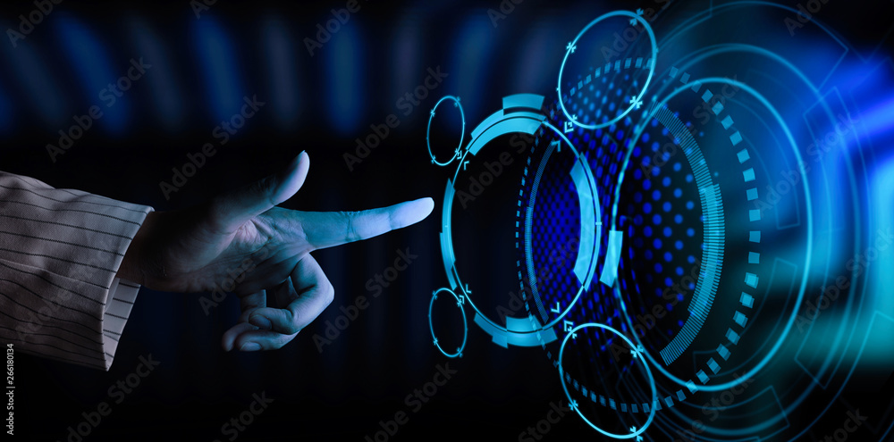 Poster woman hand in suit using hud interface with artificial intelligence machine learning business intern