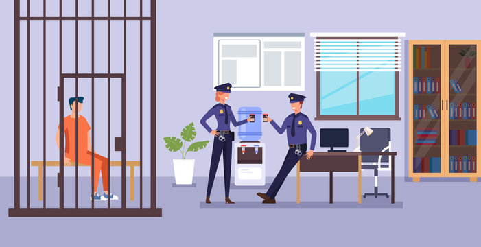Police man character drinking coffee and talk. Police department low system concept. Vector design flat graphic cartoon illustration