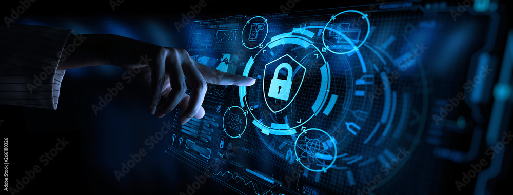 Aufkleber Data protection Cyber Security Privacy Business with Woman hand pointing with UI.Internet Technology Concept.