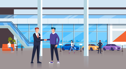 Seller man shaking hand with consumer client character. Cars shop store concept. Vector design flat graphic cartoon illustration