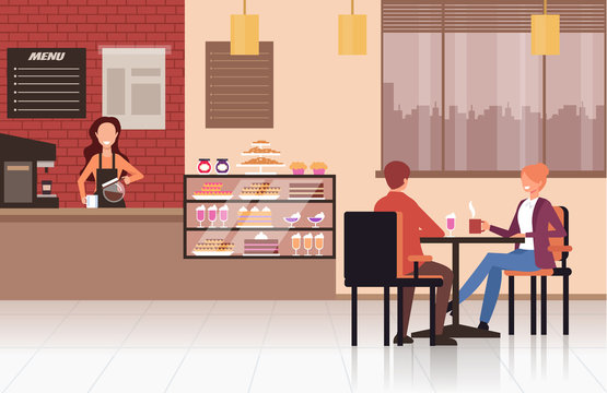 People visitors sitting on table and drinking coffee tea in coffee shop cafe. Street food concept. Vector design flat graphic cartoon illustration