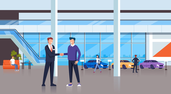 Seller man shaking hand with consumer client character. Cars shop store concept. Vector design flat graphic cartoon illustration