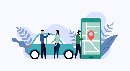 Car sharing service, mobile city transportation, business concept vector illustration - obrazy, fototapety, plakaty