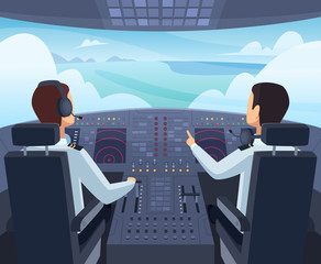 Airplane cockpit. Pilots sitting front of dashboard aircraft inside vector cartoon illustrations. Captain pilit flight, dashboard plane in cockpit - obrazy, fototapety, plakaty