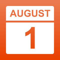 August 1. White calendar on a  colored background. Day on the calendar.First of august. Red background with gradient. Simple vector illustration.