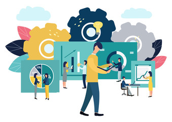 Vector illustration of a business, employees study infographics. Illustration for your design