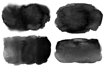 Collection of blackwatercolor brush strokes with stains and paper texture