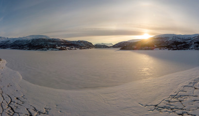 Frozen fjord in Fagernes, Lofoten Norway