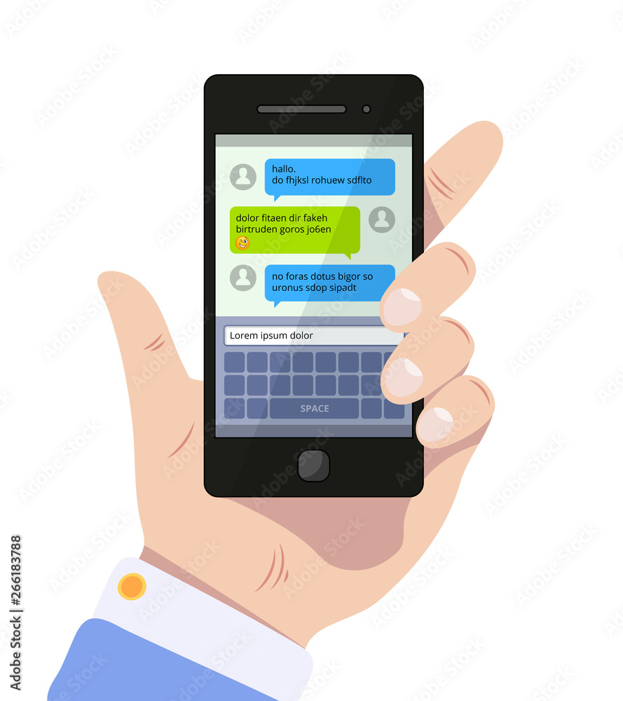 Wall mural messenger screen. mobile text messages in speak bubbles online communication chatting app vector con