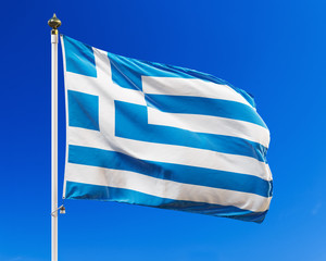 Flag of Greece on the blue sky. Isolated with clipping path.  - obrazy, fototapety, plakaty