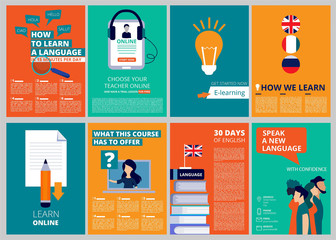 Education brochure covers. Training and courses vector magazine cover templates. Illustration of language education and training, presentation leaflet
