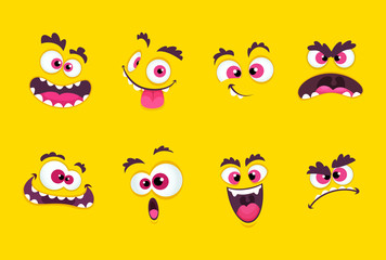 Naklejka premium Cartoon faces. Emotions smirk expressions, smile mouth with teeth and scared eyes characters vector collection. Face emotion set illustration