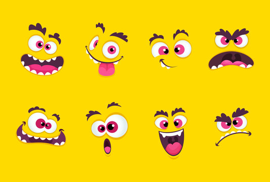 Cartoon faces. Emotions smirk expressions, smile mouth with teeth and scared eyes characters vector collection. Face emotion set illustration