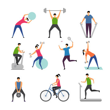 Sport activities. Characters outdoor making some exercises active people running man gymnastics fitness vector pictures. Illustration of fitness exercise, training healthy, gymnastics and jogging