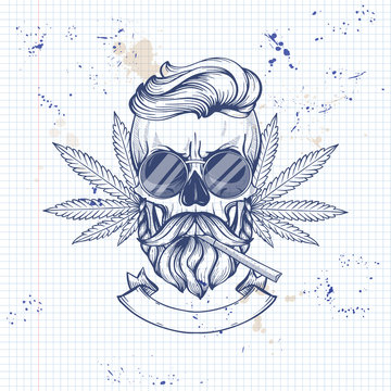 Sketch, skull with beard and mustaches, cigarette, hemp leaf and on a notebook page