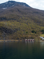 Fototapeta na wymiar Scenic View of fjord and fishing huts in Flam, Norway