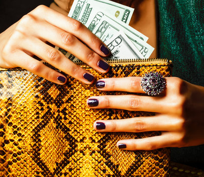 Pretty Fingers Of African American Woman Holding Money Close Up With Purse, Luxury Jewellery On Python Clutch, Cash For Gifts