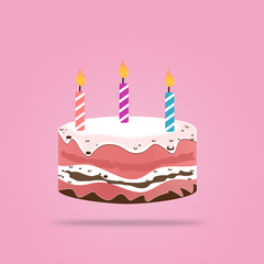 Birthday cake with candle vector design isolated on pink background. illustration