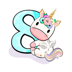 8 Birthday party invitation with baby unicorn