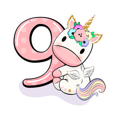 9 Birthday party invitation with baby unicorn