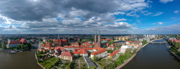 Panorama 360. The aerial view of Wroclaw: Ostrow Tumski, Cathedral of St. John the Baptist and...