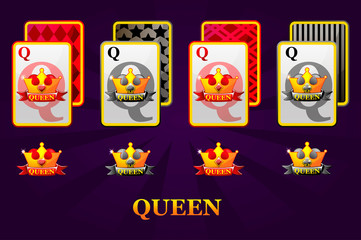 Set of four Queens playing cards suits for poker and casino. Set of hearts, spades, clubs and diamonds Queen. Icons on separate layers.