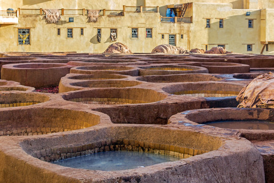 colorful tanks at leather tannery in fez morocco	