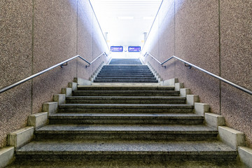 Fototapeta na wymiar Empty staircase in a railway station upwards view. Railway station Basel Bad, Switzerland.