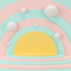 Abstract pink and green background with geometric shape yellow podium for product. minimal concept. 3d rendering