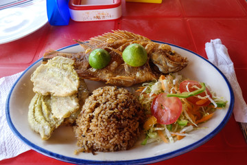 Typical fresh Caribbean fish plate with brown coconut rice and patacones served in a beach restaurant in Taganga, Colombia