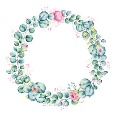 .Watercolor hand painted frame with tropical green leaves and flowers. Frame for wedding invitations, save the date or greeting cards..