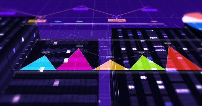 4K Business Growth And Success Infographics Animation. 3D Graphs And Charts With City