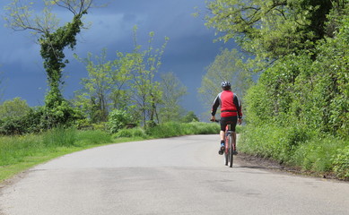 Ciclista nel parco in primavera