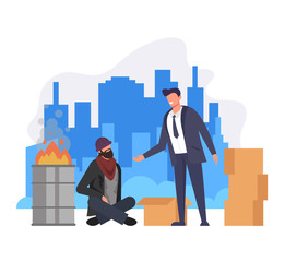 Rich businessman giving helping hand to homeless man character. Charity help concept. Vector flat cartoon graphic design illustration