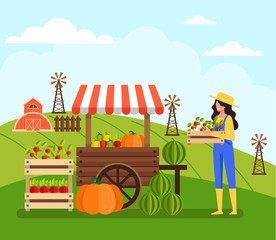 Obraz premium Woman farmer worker character sell vegetable. Farming agriculture concept. Vector flat cartoon graphic design illustration