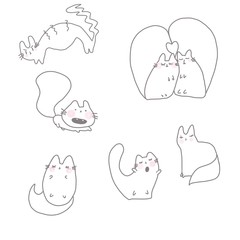 Line art cartoon cat doodle style outline different pose.Cute cats set: love couple, screaming, singing spring cat and slipping cat. Digital illustration grey pen and pink cheeks one line isolated