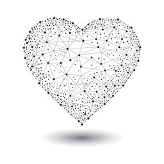 Abstract Heart icon form lines and triangles in low poly style consisting of points, lines, and shapes in the form of planets, stars and the universe