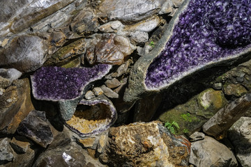 Amethyst cluster rough crystals close up in low light background