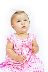 Happy beautiful little girl baby on a white background