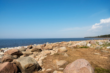 Stones balance on the beach. Place on Latvian coasts called Veczemju klintis