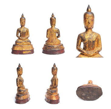view of ancient wooden gilded seated buddha 17th-18th Century.  Thai Style, isolated on white background.