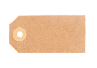 Blank luggage tag, label. Traditional brown cardboard. Isolated on white background. Without string.