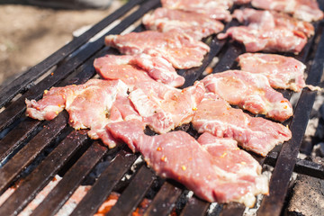 Raw pork meat on barbecue , outdoor grilled food