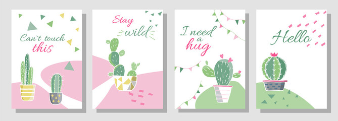 Cards template with pictures of cactuses with outlines. Vector cactus with flower in colored illustration. Vector botanical illustration in watercolor style. Templates of cards, flyers and posters