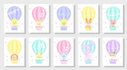 Zelfklevend Fotobehang Dieren in luchtballon schattige kinderen wenskaart vector set bundel