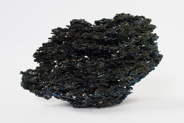 Bismuthinite or bismuth ore, bismuth sulfide on white background potentially for economic rare...
